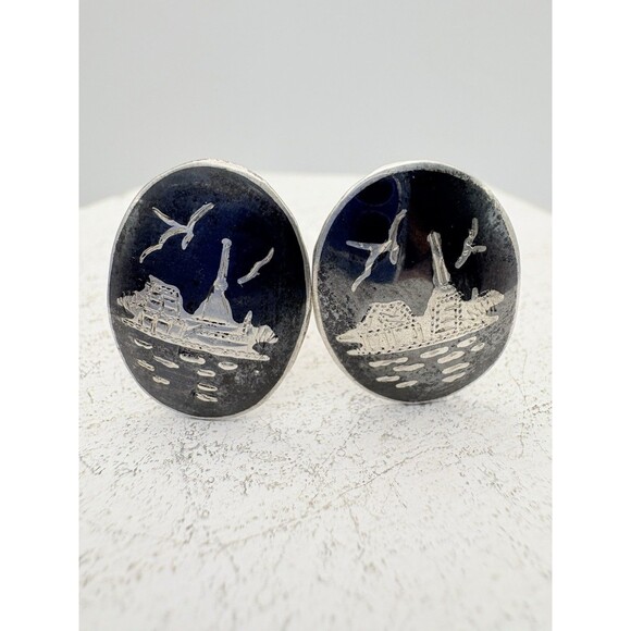 Rare Vintage Siam Sterling Silver Cufflinks Temple Seagulls Mosaic Aesthetic - Picture 2 of 6